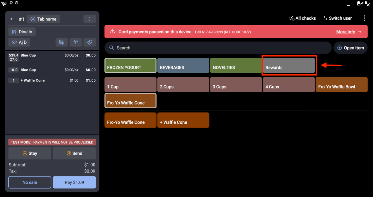 Quick Order tab with the Rewards option