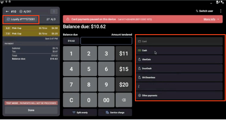 Selecting the payment type