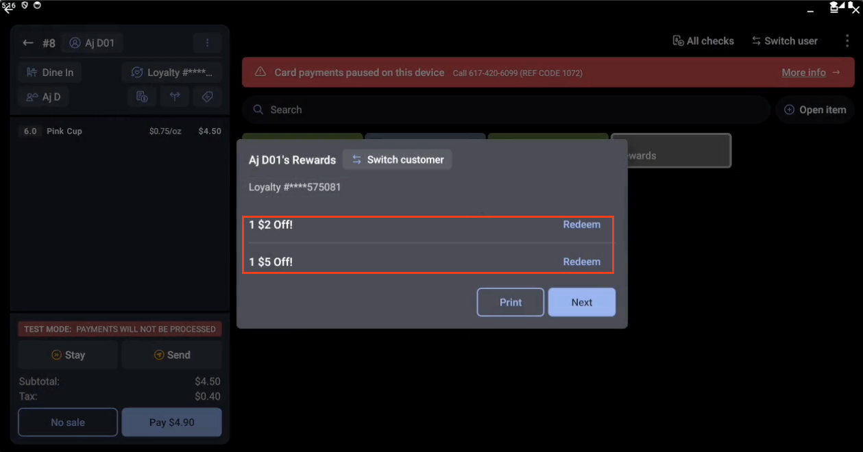 Pop-up showing available rewards