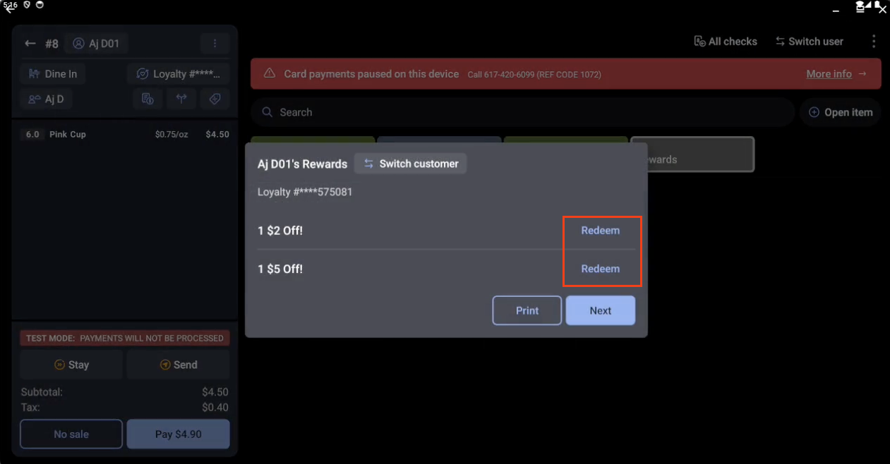 Redeem button next to a reward
