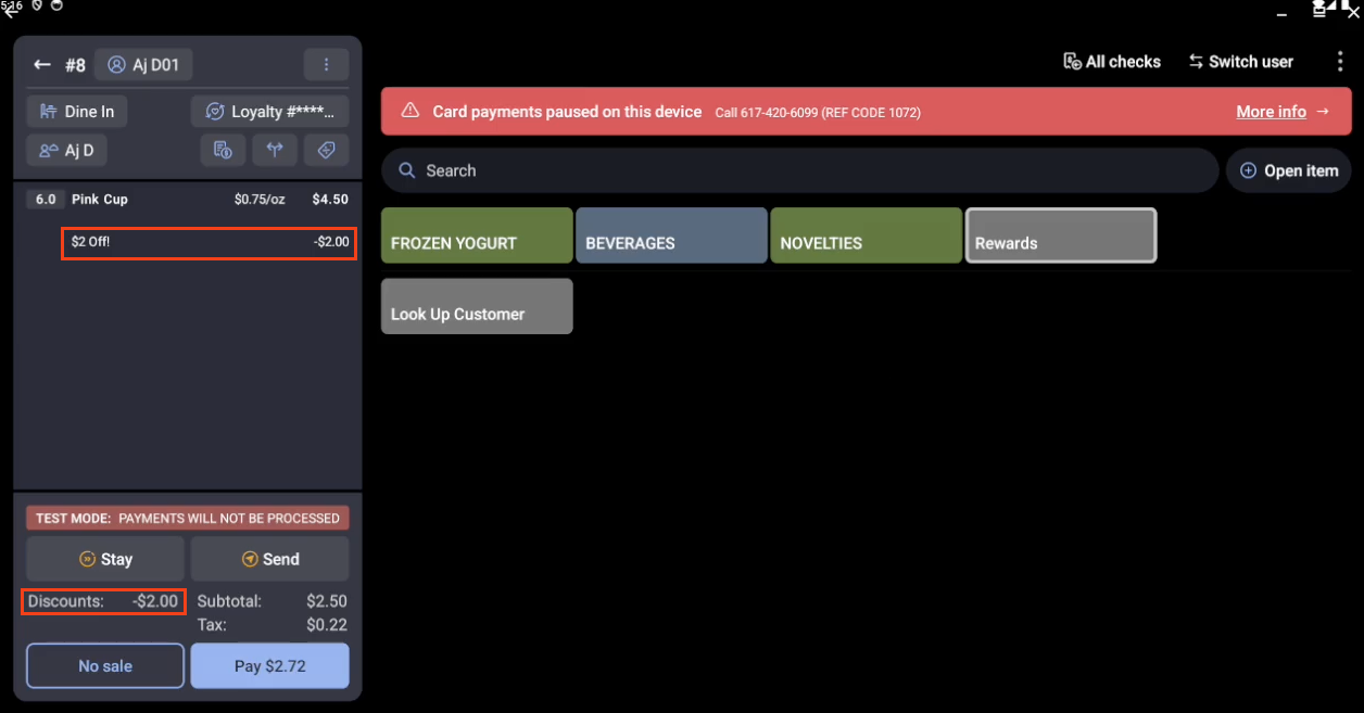 Applied reward shown in the order menu