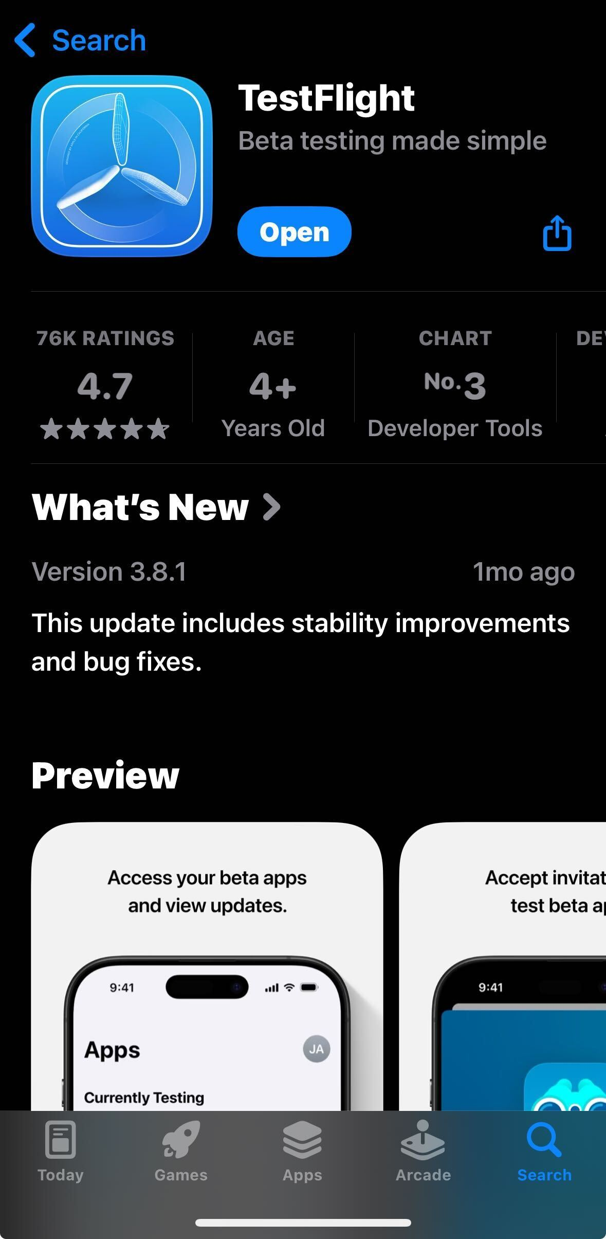 The TestFlight app in the App Store