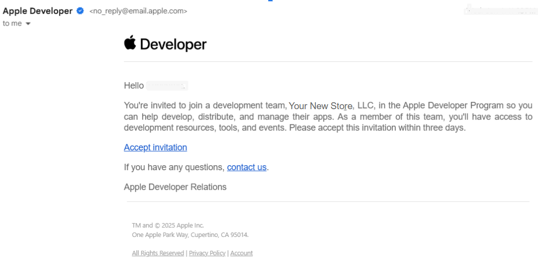 Accepting the developer account invitation